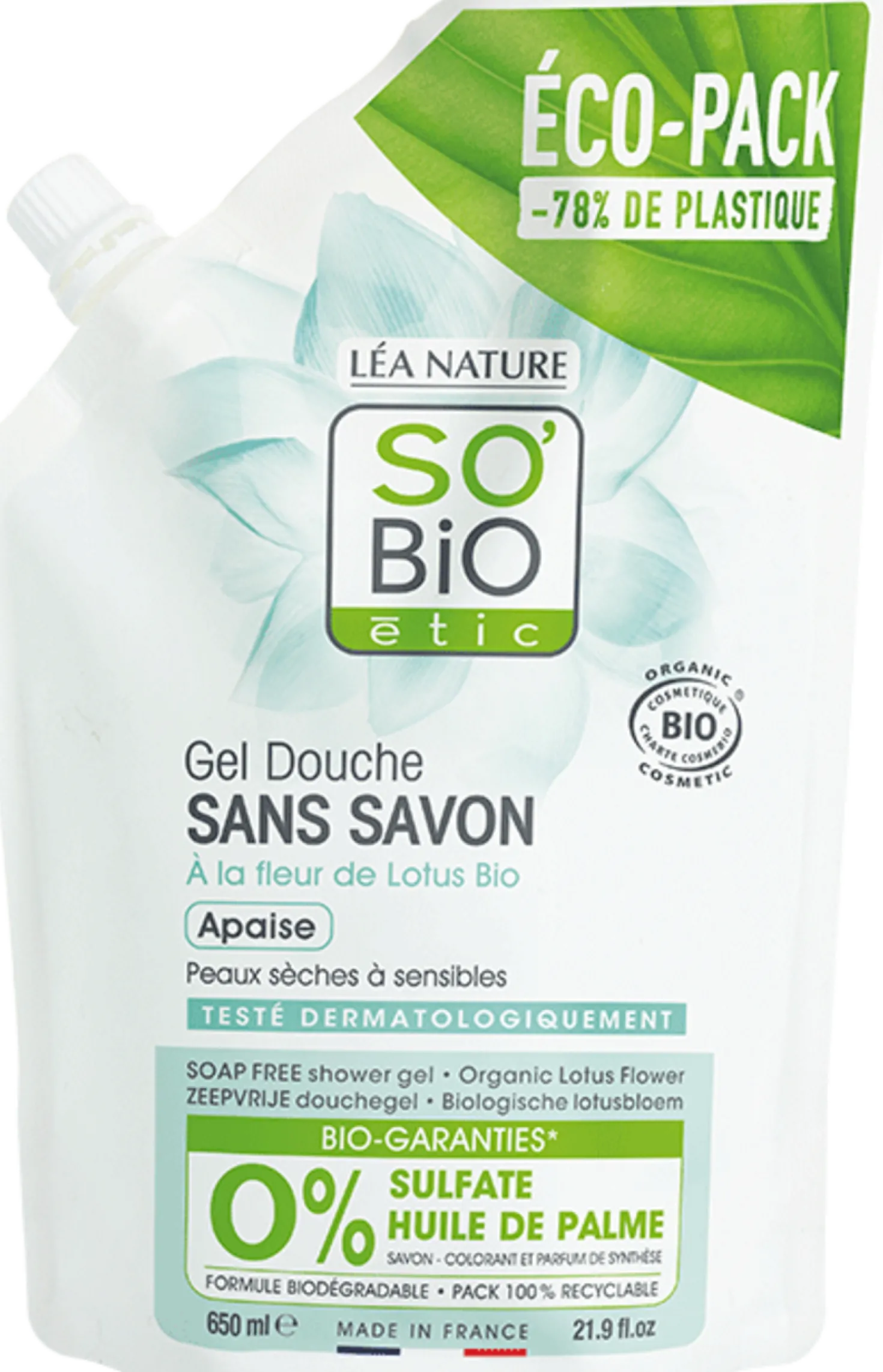 Gel Doccia senza Sapone ai Fiori di Loto Bio, Ricarica da 650 ml