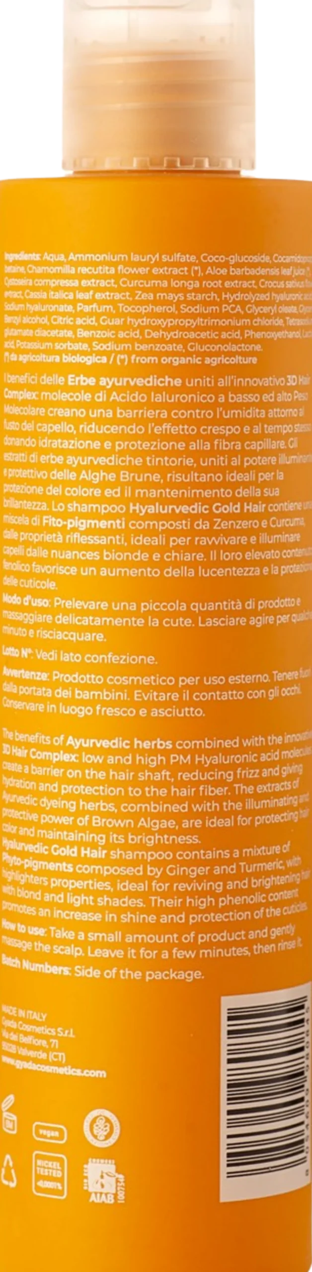 Hyalurvedic Shampoo Riflessante Gold Hair, 200 ml