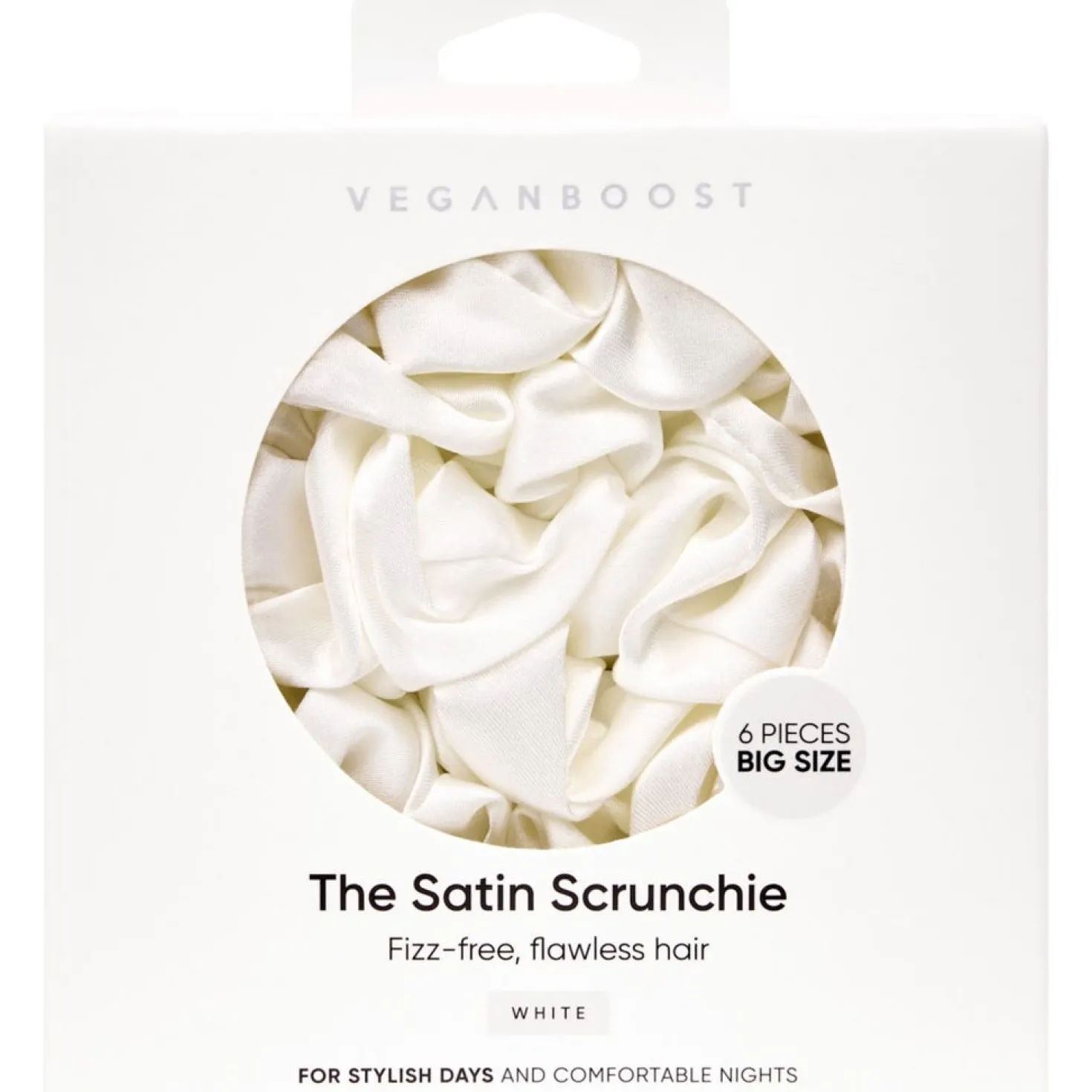 Scrunchie in Raso, Grandi, Bianco (6 pezzi)